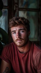 Fototapeta premium A man wearing a red shirt and sporting a beard