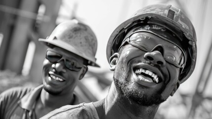 Construction workers having fun at work