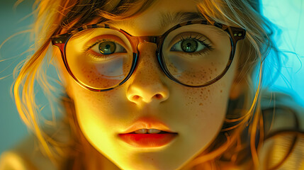 Close-up of a Caucasian girl with glasses and freckles