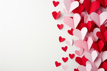 Folded red and pink hearts from paper on a white background with empty space on the left. Suitable for valentine's day background content with copy space.