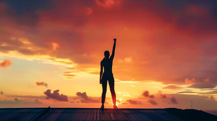 Fototapeta premium Silhouette of woman with victory and success with raised fist standing against sunset sky