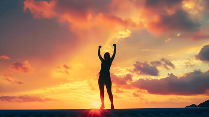 Fototapeta premium Silhouette of woman with victory and success with raised fist standing against sunset sky