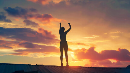 Fototapeta premium Silhouette of woman with victory and success with raised fist standing against sunset sky