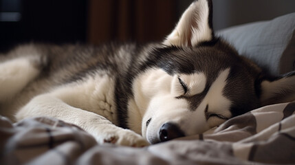 An aged Siberian Husky nestled on a cozy rug, its paws gently twitching as it embarks on a...