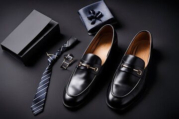 Classic men's accessories - gift, loafers shoes, tie ,belt on black background. Greeting card for Happy Father's Day.