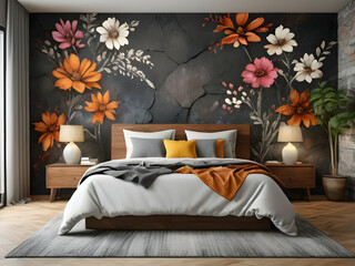 Bedroom interior rusty stone wall with floral framing and furniture
