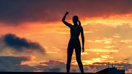 Silhouette of woman with victory and success with raised fist standing against sunset sky