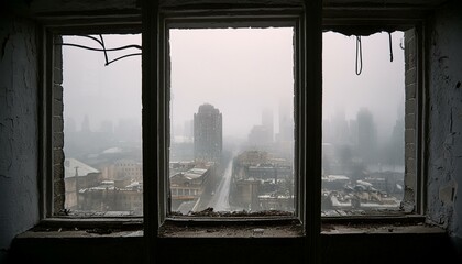 Fototapeta premium abandoned apocalyptic city streets with skyscrapers in the fog