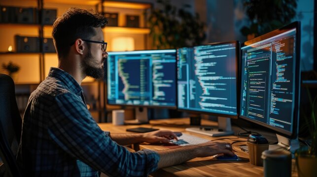 A software developer works on code late into the night, illuminated by the glow of multiple computer screens in a modern office. AIG41