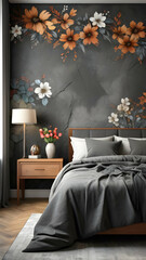 Bedroom interior rusty stone wall with floral framing and furniture