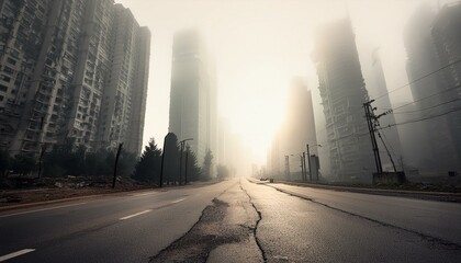 abandoned apocalyptic city streets with skyscrapers in the fog