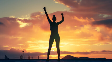 Fototapeta premium Silhouette of woman with victory and success with raised fist standing against sunset sky