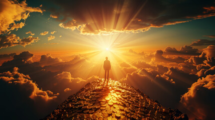 Man standing on top of mountain made of golden coins