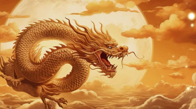 a golden dragon flying over the yellow golden full moon, red sky with clouds, lunar year, chinese, for postcard