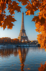 A panoramic view of the Eiffel Tower from across Seine River