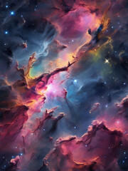 Fototapeta premium Featuring a vibrant, with bright, colorful, greenish, pink, yellow arms stretching out into the dark void of space. Include sparkling stars and glowing nebulae