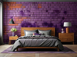 Bedroom interior rusty stone wall with floral framing and furniture