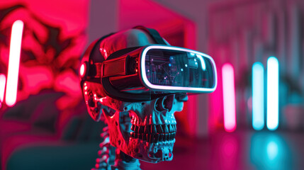 Cyberpunk skull with virtual reality headset