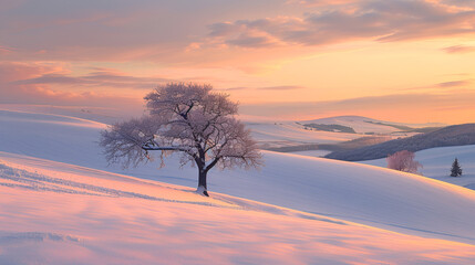 A peaceful winter sunset casting warm hues on snowy hills
