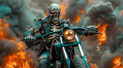 Skeleton biker riding his motorcycle in hell fire