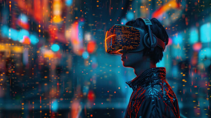 Young man wearing augmented, virtual reality device, cyberpunk