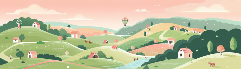 A flat illustration of the countryside with rolling hills, small villages and farmland, vector graphic design in colorful pastel colors