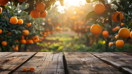 Rustic Wooden Table Overlooking Vibrant Orange Grove in Countryside Setting