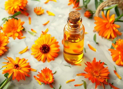 Calendula flowers and oil in beautiful bottle on white marble table