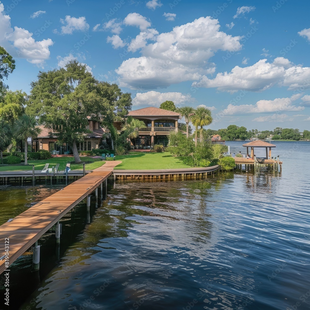 Poster A panoramic view of a waterfront property with a dock. 