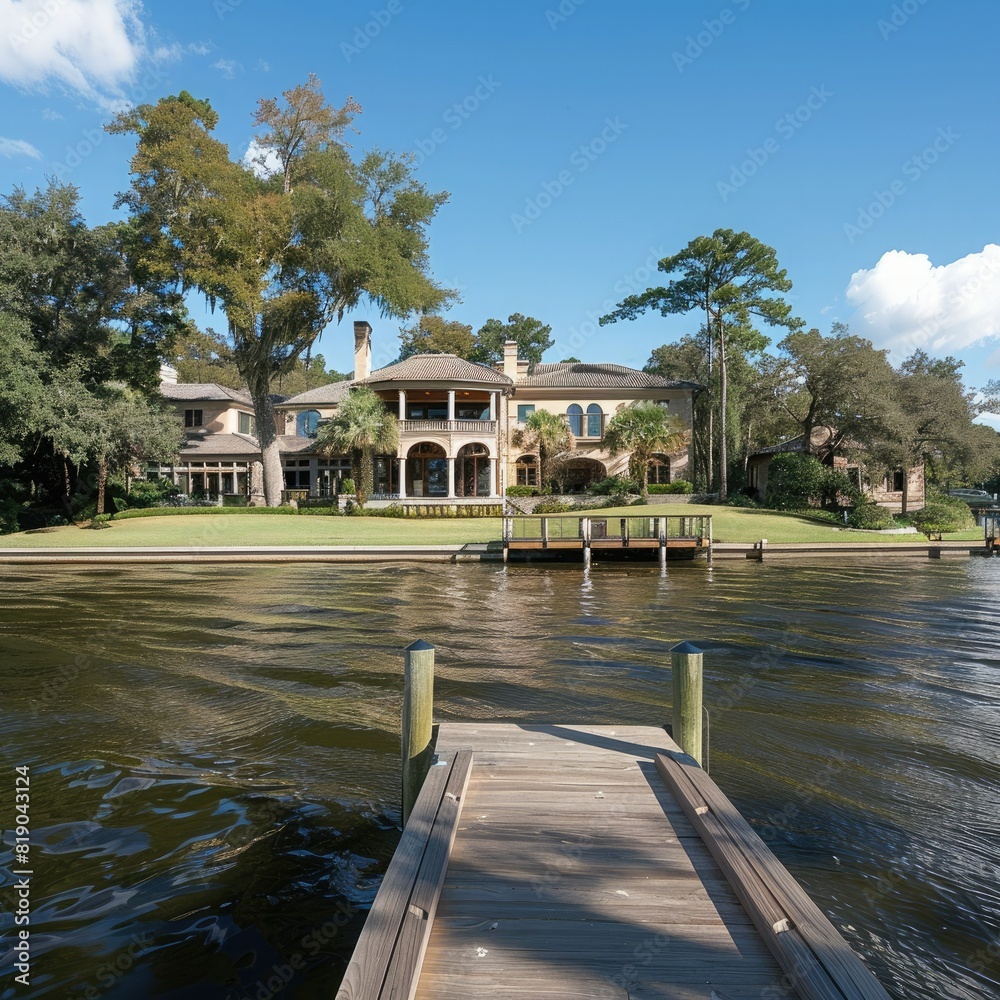 Poster A panoramic view of a waterfront property with a dock. 