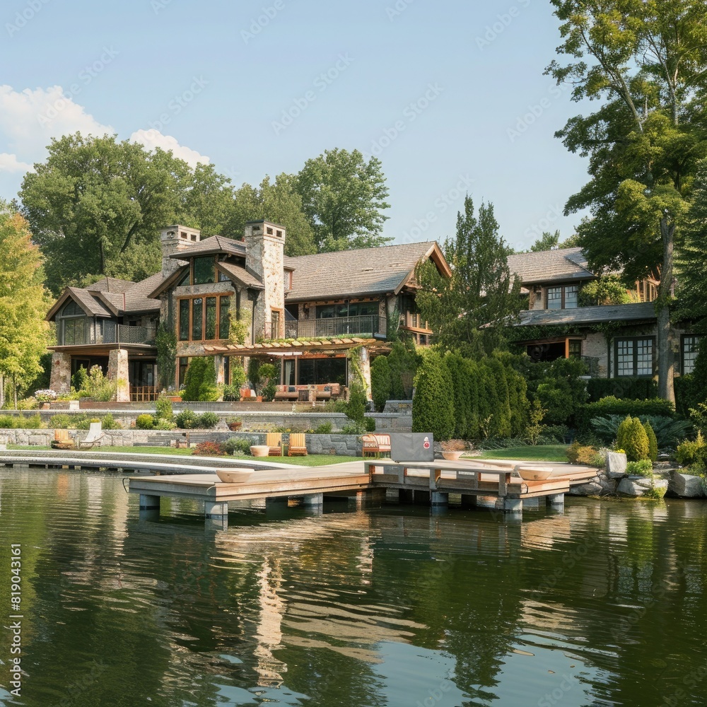 Poster A panoramic view of a waterfront property with a dock. 