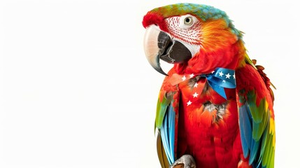 Fototapeta premium A cheerful parrot perched with a patriotic bow on its chest, in a bright and airy room, showcasing its vibrant colors, isolated on white background, copy space