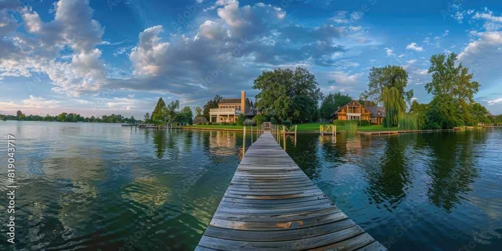 Poster a panoramic view of a waterfront property with a dock.