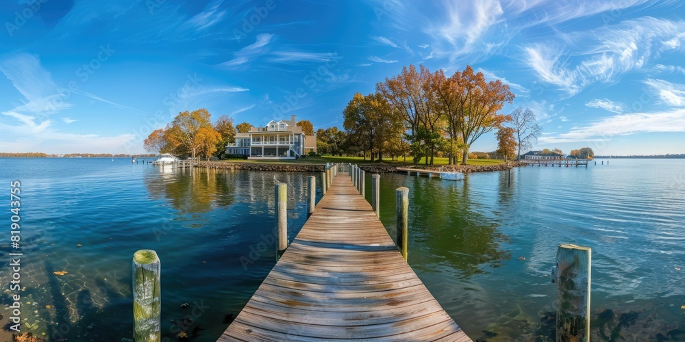 Aufkleber a panoramic view of a waterfront property with a dock.