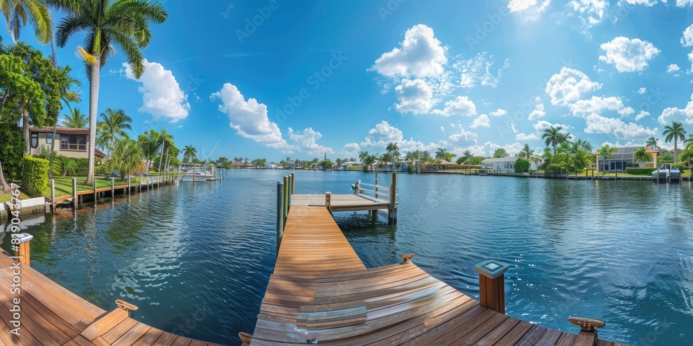 Poster A panoramic view of a waterfront property with a dock. 