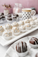 Beautiful and delicious homemade cookies or sweets with white and dark chocolate in retro grunge style.