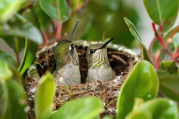 Obraz premium Two hummingbirds in a nest surrounded by lush green leaves, showcasing nature's beauty in a peaceful setting.
