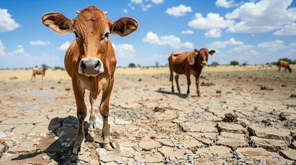 Cows in a dry field under hot sun, suffering from lack of water, earth completely cracked by drought and climate change