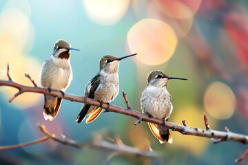 Obraz premium Three beautiful hummingbirds perched on a branch with a colorful bokeh background, depicting nature's beauty and serenity.