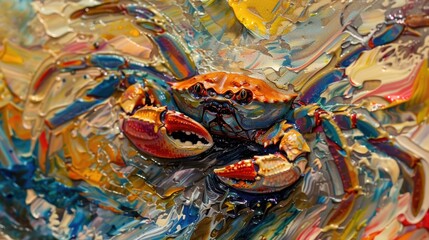 Crab on the background of an oil painting.