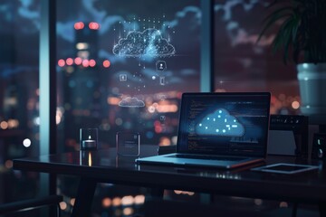 A laptop on an office desk surrounded by glowing cloud icons floating in the air, symbolizing digital twin technology for data visualization and computer rendering of physical objects.