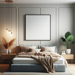 Modern Bed Room with blank photo frame mockup art print template