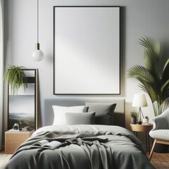 Modern Bed Room with blank photo frame mockup art print template