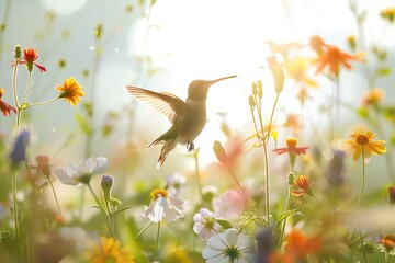 Obraz premium A beautiful hummingbird hovers over vibrant wildflowers in a sunlit meadow, capturing the essence of nature's elegance and tranquility.