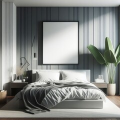 Modern Bed Room with blank photo frame mockup art print template