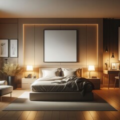 Modern Bed Room with blank photo frame mockup art print template