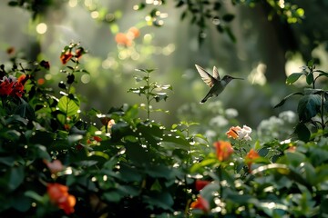 Obraz premium A hummingbird in a garden filled with vibrant flowers, with sunlight filtering through the foliage, creating a serene and picturesque scene.