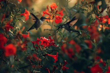 Obraz premium Two hummingbirds hover near red flowers in a sunlit garden, capturing a vibrant moment of nature's beauty and grace in mid-flight.