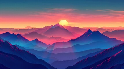 Colorful vector illustration of a sunrise over Montana's mountainous wilderness.