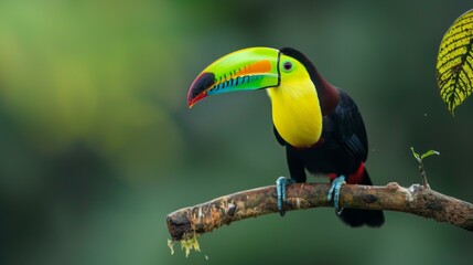 Colorful toucan perched on branch with vibrant green background, showcasing bright yellow chest & multicolored beak, evoking tropical wildlife themes. Copy space